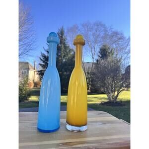 Vintage Empoli Cased Glass Decanter with Stopper 13.5" Made in Italy~Set Of 2